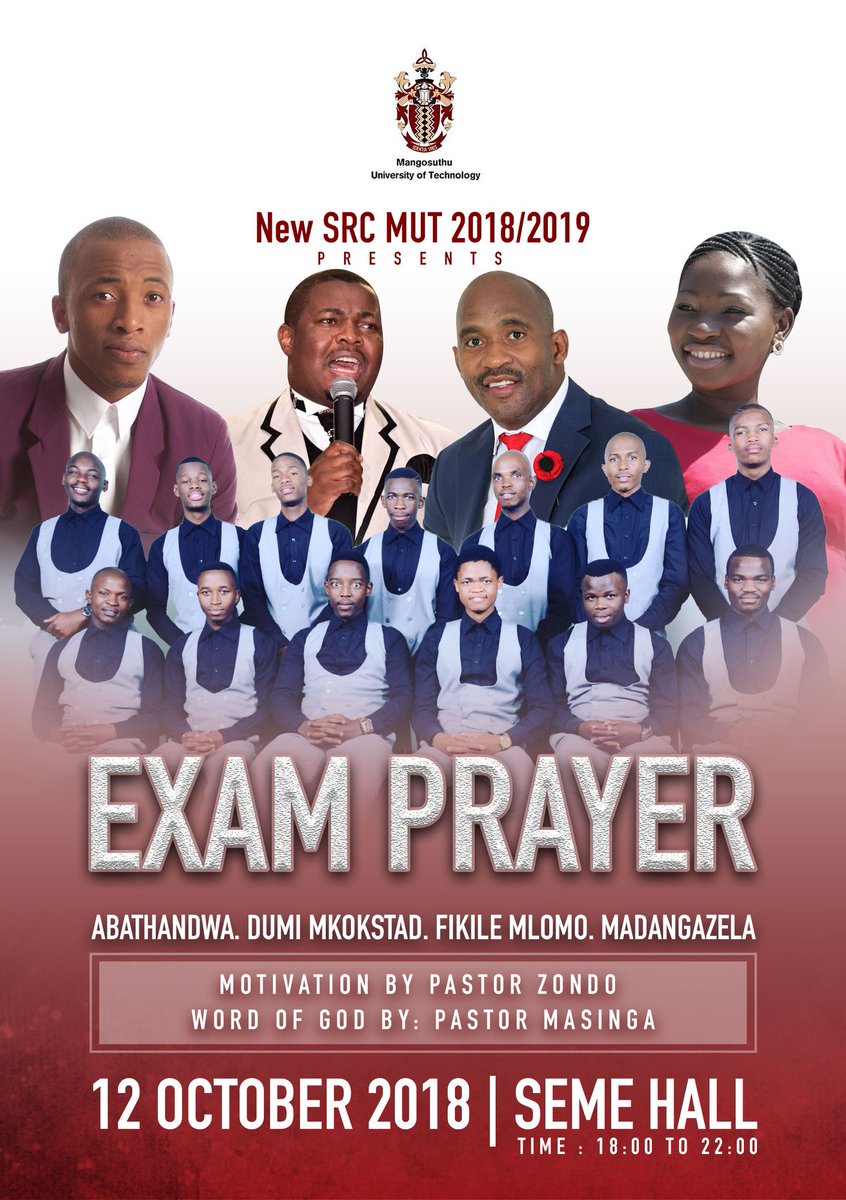 EFFSC_MUT's tweet photo. The EFFSC Led Student Representative Council presents and invites all students to attend the examination prayer under the following details:

Date: 12 October 2018
Time: 18:00 to 22:00
Venue: Seme Hall

Yours in Revolution 
Student Representative Council https://t.co/ZnWSGnnLnR