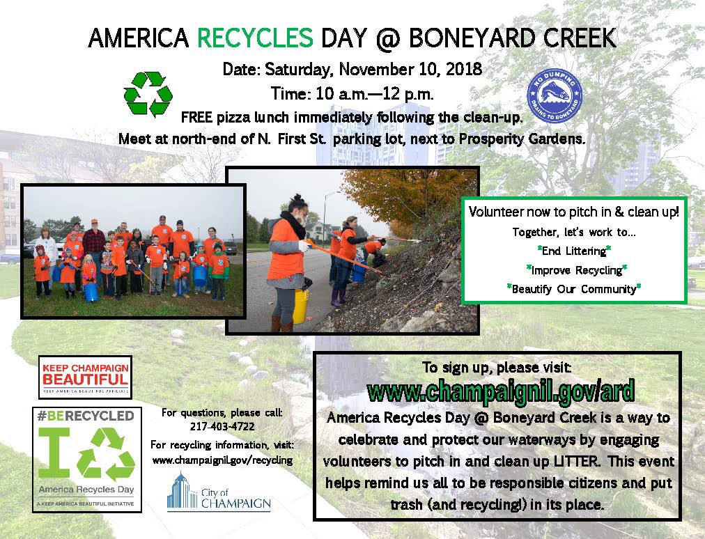 NicholeMillage's tweet photo. ♻️🌎 Our 2nd annual America Recycles Day @ Boneyard Creek event is a month away now! Please help us Keep Champaign Beautiful by taking a couple hours out of your day on Sat, Nov 10th to pick up litter in our community! Please pre-register at: https://t.co/dn7xiCXGu1 https://t.co/nnmJFxXLBk