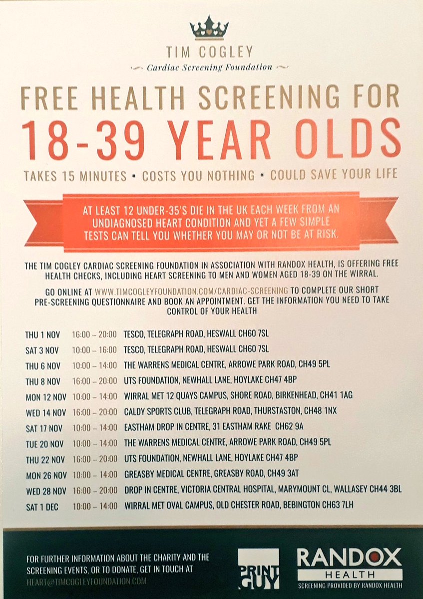 SamanthaQuek's tweet photo. 🚨PLEASE RT⚠️

The Tim Cogley Foundation are offering FREE cardiac health screening for 18-39 year-olds across Wirral throughout November! 

It takes 15 minutes &amp; could save your life. 

Tim died tragically from a heart attack at just 34 years old despite appearing fit &amp; healthy. https://t.co/XPVI9OjsZC