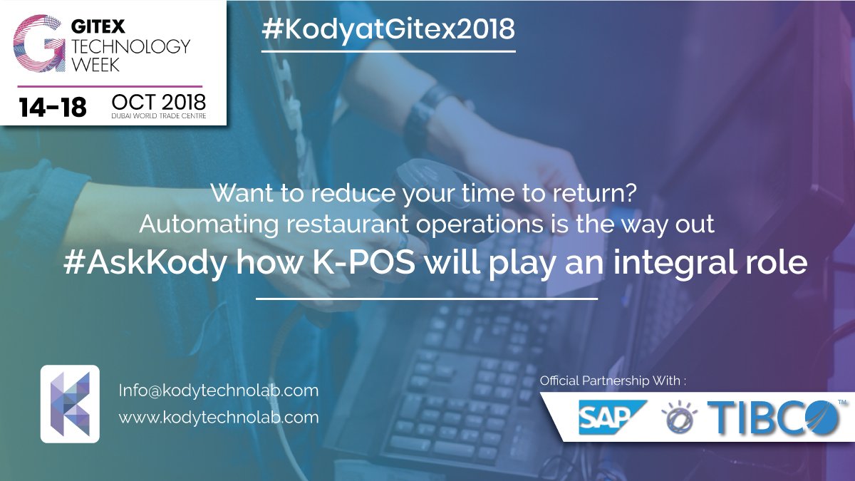 A POS system will help you serve better! Let's discuss how at #Gitex2018

#Gitex #SAPPartner #IBMWatsonpartner #Tibcopartner #KodyatGitex #Gitex2018 #Dubai #AskKody

 Book your suitable time at goo.gl/forms/0MKSVxBT…