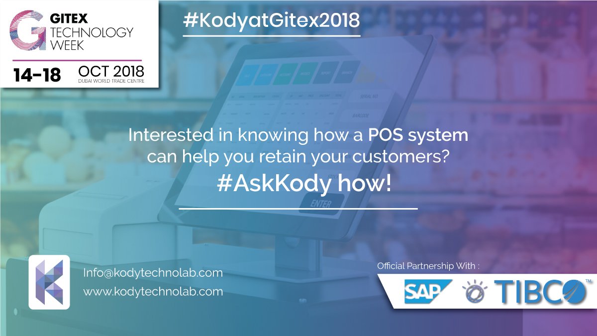Create a loyal client base with an integrated POS system! Let's discuss how at #Gitex2018

#Gitex #SAPPartner #IBMWatsonpartner #Tibcopartner #KodyatGitex #Gitex2018 #Dubai #AskKody

Book your suitable time at goo.gl/forms/0MKSVxBT…
