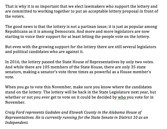 RepCraigFord's tweet photo. Who you vote for in November could decide if you get to vote for a lottery later on #alpolitics https://t.co/D6tZFYyRAa