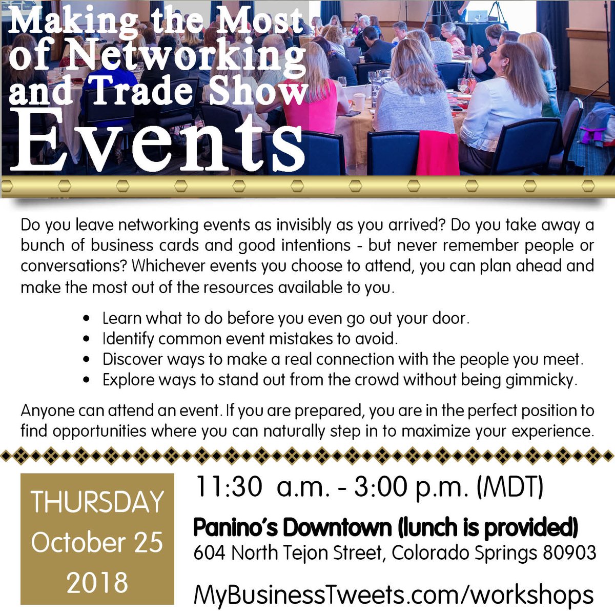 MyBusinessTwit's tweet photo. Preparing for events puts you in position to see opportunities where you can naturally step in to maximize your experience. Sign up for Making the Most of Networking and Trade Show Events and learn ways to make a real connection with the people you meet! https://t.co/54KcgBfhT2 https://t.co/dTGVk0nCdF
