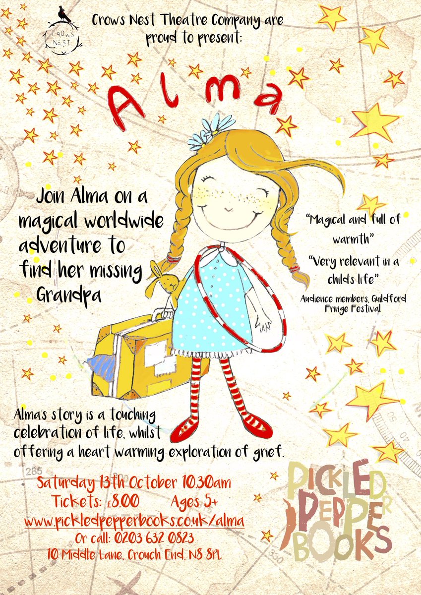 CrowsNestThCo's tweet photo. @cbukhelp Our show 'Alma' helps children understand loss and bereavement, and encourages conversation at any age. It's on this Saturday in Crouch End and we would love as many children as possible to be there https://t.co/NbB3HWrWnY  Please RT! https://t.co/a1zSX7ATOQ