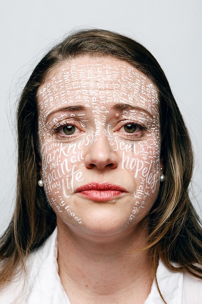 MendolaArtists's tweet photo. #MentalHealth isn't discussed enough. @lets_talk_uk is a collab between @forrester_kate &amp; @charlieclift to change this. Volunteers from all walks of life talk about their experiences w/ the most poignant phrases from each interview hand-lettered on their face. #LetsTalk.⠀#art https://t.co/Q0QOS72gJ4