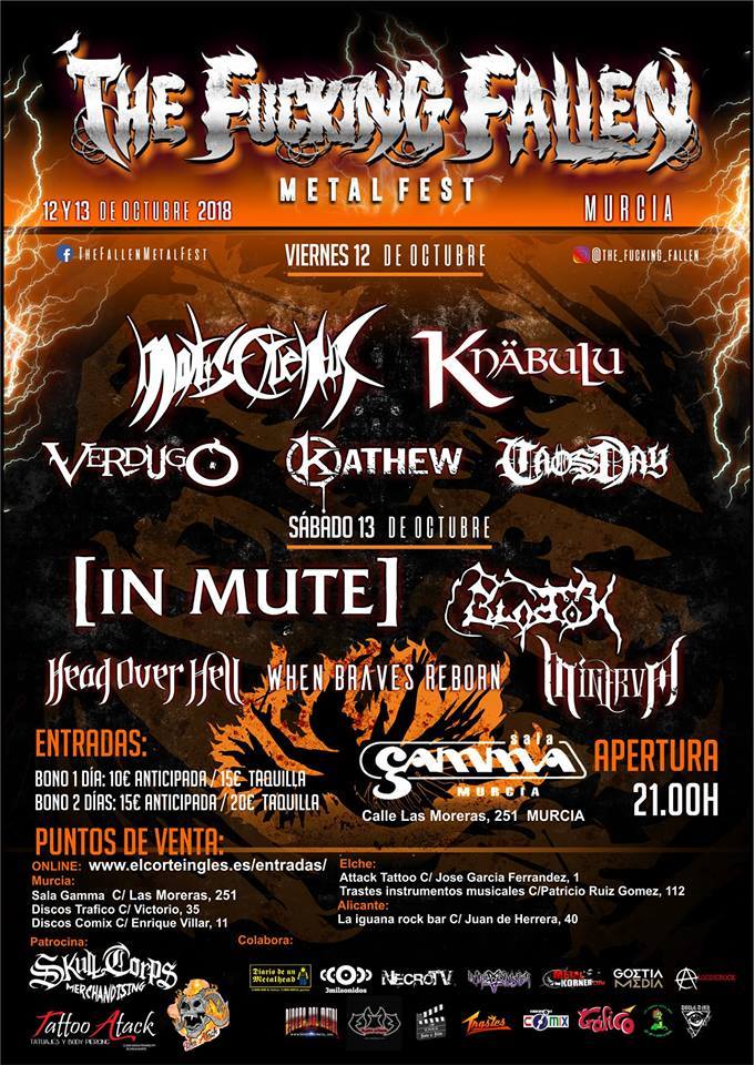 Detalles del Fucking Fallen Metal Fest

rockculture.es/informacion-y-…

<a href="/INMUTEBAND/">[IN MUTE]</a> <a href="/KNABULU/">KNABULU metal band</a> <a href="/MortisCruentus/">Mortis Cruentus</a> <a href="/KathewOficial/">Kathew | Metal Band</a> <a href="/caosdayrapmetal/">Caos Day</a> <a href="/BlodoxBand/">Blodöx Official</a> 
  <a href="/WBReborn/">When Braves Reborn</a>