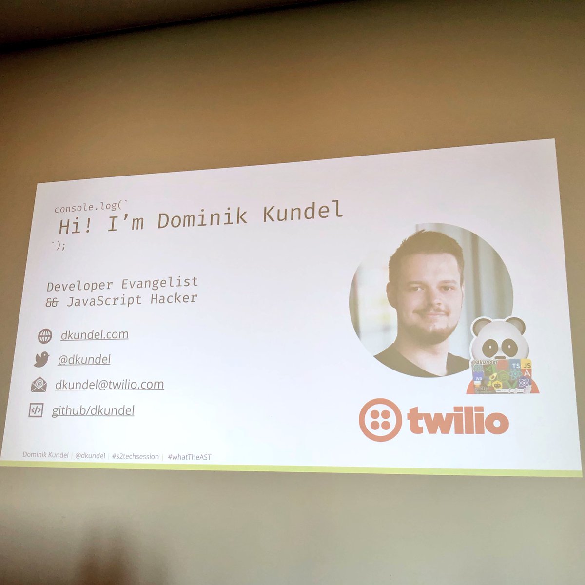 studio_m_song's tweet image. So happy to have @DKundel from @twilio with 2 .... two!!! talks today.
He is starting with “what the AST”  
#s2techsession #whatTheAST