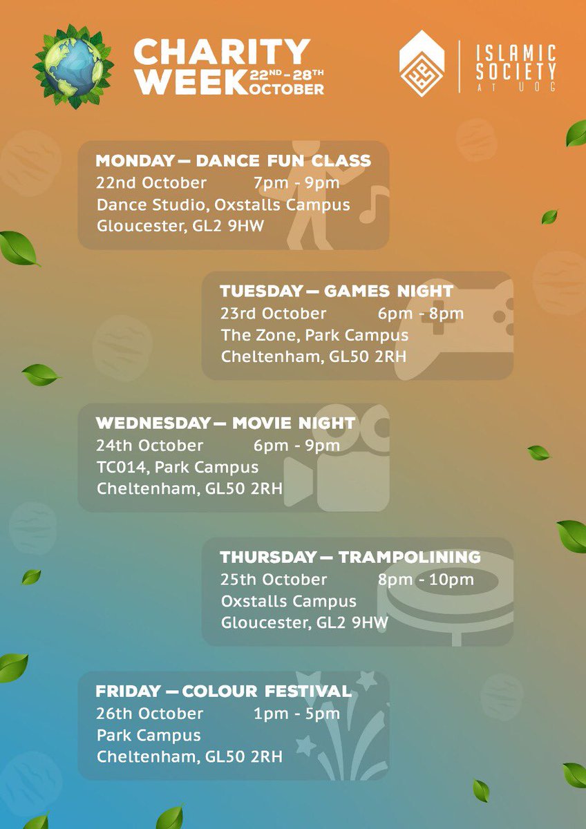 Join us as we host a week full of events for Charity Week! 🎉 Charity Week takes place to help provide basic essentials for orphans and children in need all over the world. Have a great time whilst helping to donate to a immense cause. These events are OPEN to EVERYBODY. 
💚💚💚