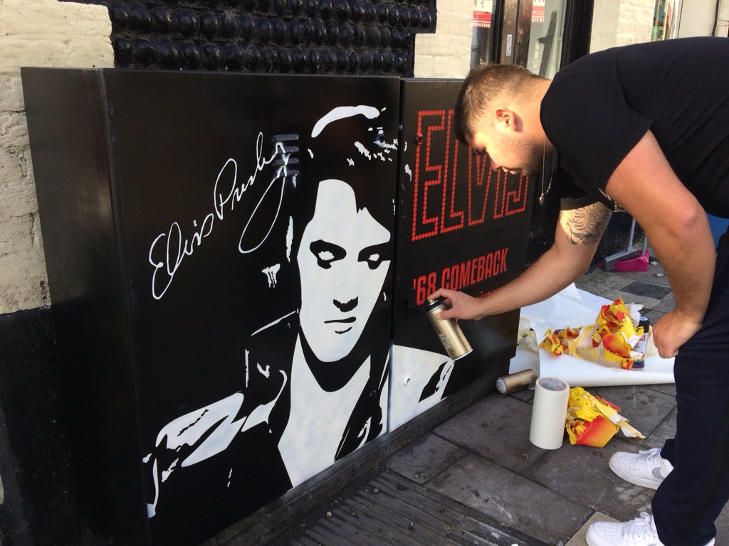 When an electrical box is plastered in flyers, filthy dirty and encouraging rubbish tipping the sign department offered to give it a freshen up💚😊 #reece #ifyouknowyouknow #stencil #paint #elvis #68comebackspecial #elvispresley #churchst #brighton #streetart