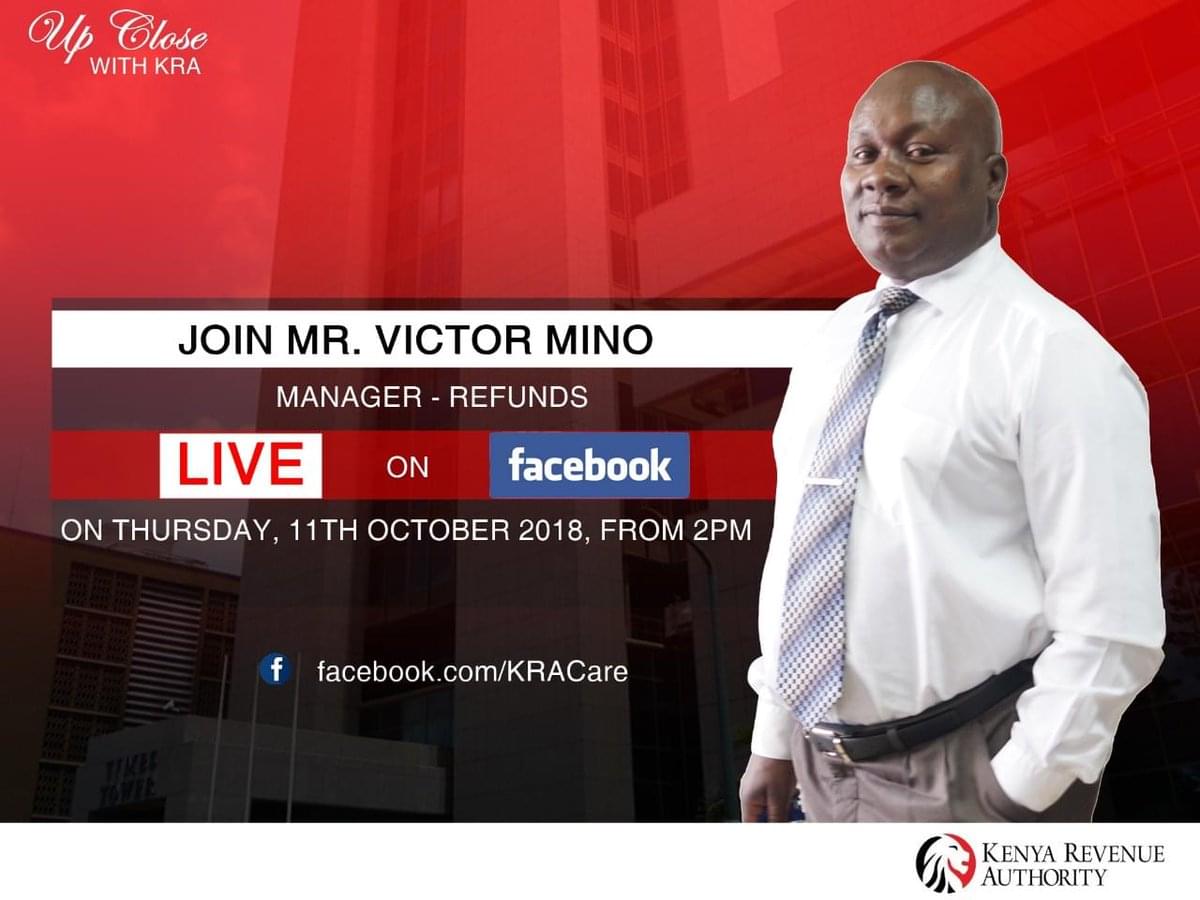 KRACorporate's tweet photo. Do you have an issue with your refunds, waiver, or Tax Compliance processing?. Now is the golden chance for one on one with Mr. Victor Mino our refunds Manager. 2pm sharp is the time #UpCloseWithKRA https://t.co/Xn2ptiBlML