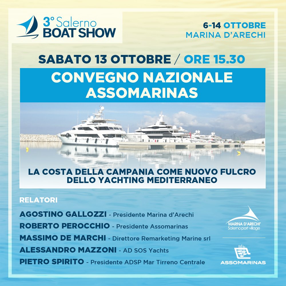 marinadarechi's tweet photo. Sabato 13 ottobre - ore 15:30
Convegno Nazionale Assomarinas @portituristici : "La costa della Campania come nuovo fulcro dello yachting internazionale" https://t.co/hBryCEZcH1
