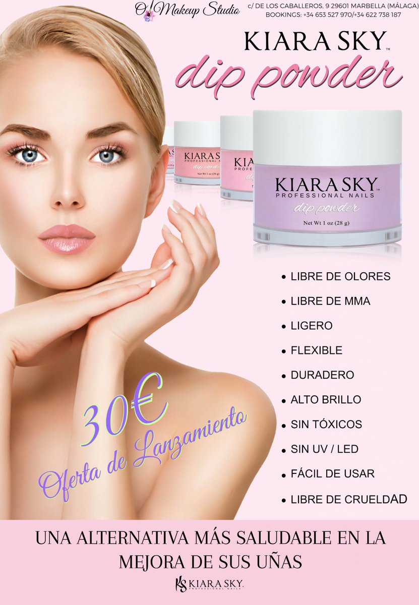 omakeupstudio's tweet photo. ¿Conocéis el nuevo sistema de manicura 💅 que ademas de no dañar tu uña, la trata? #dippowder Usamos la marca @KiaraSkyNails la cual es 🔝 en los salones de EEUU y UK. OFERTA DE LANZAMIENTO 30€! #marbella #dippowdermarbella #marbellanails #manicuramarbella #cascoantiguomarbella https://t.co/e3mOsMxhNb