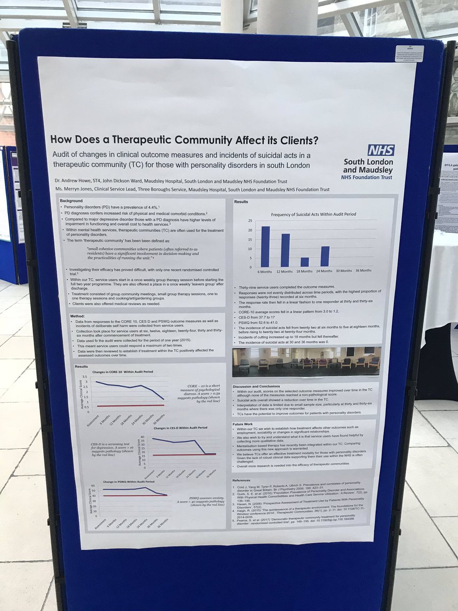 Presenting two posters today at #GAPsych2018, arts psychotherapies on general adult wards and an audit of outcome measures in a therapeutic community. Thanks @RCPsych for what looks like a great line up of speakers.