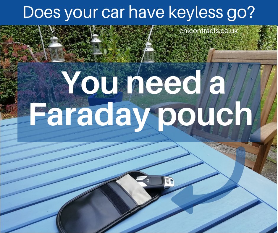 Does your car have #keylessgo?
A #Faradaypouch is a metal-lined wallet which protects your remote fob signal from being cloned. #Keylesstheft is on the increase as it's so easy to do. Our pouches came as a pair for £4 on EBay. Or you could use a tin! #chlcontracts.co.uk