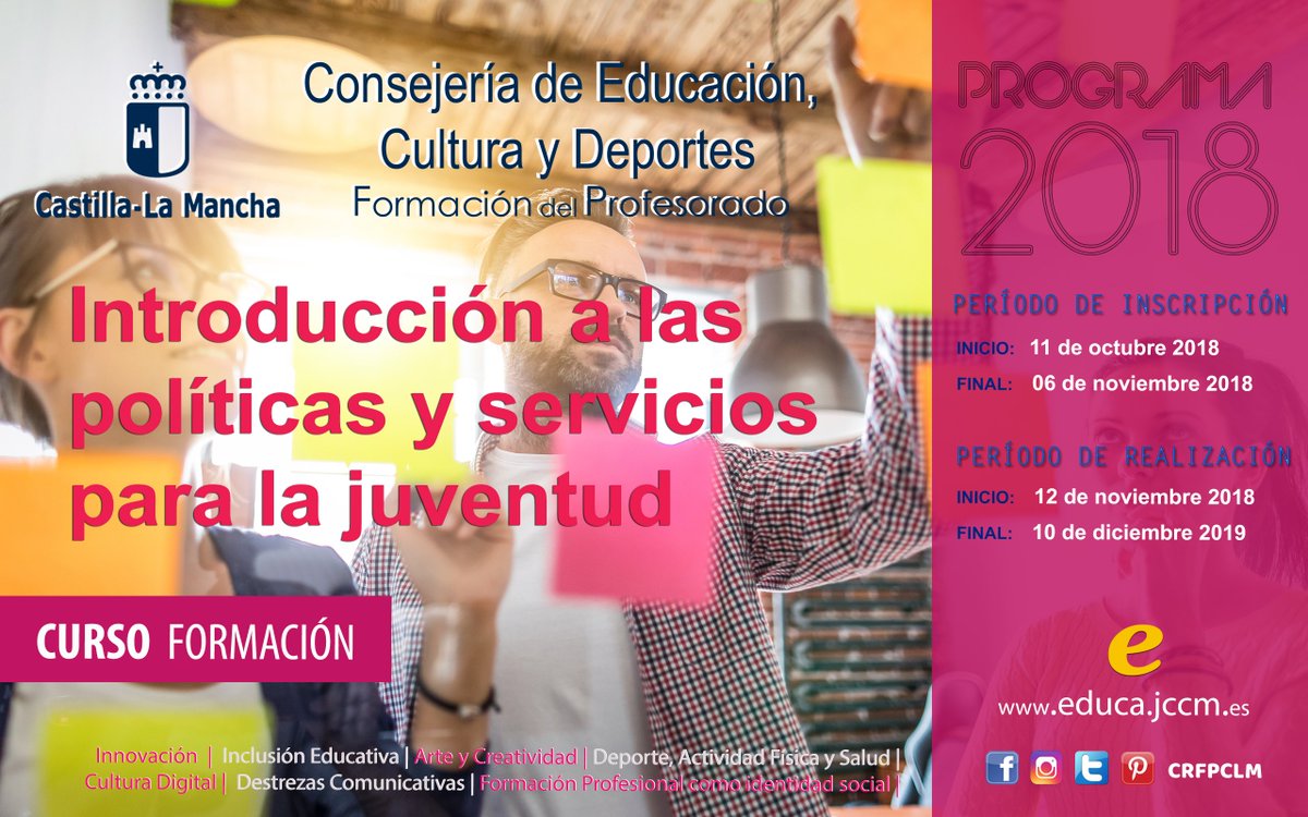 CRFPCLM's tweet photo. Introducción a las políticas y servicios para la juventud (Edición 1)
Periodo de inscripción: 11/10/2018 06/11/2018
Periodo de realización: 12/11/2018 10/12/2018
Línea formativa: F.P. como Identidad Social
Estado: Inscripción abierta

https://t.co/DOwqaxQSVD https://t.co/CK8BtsgmPR