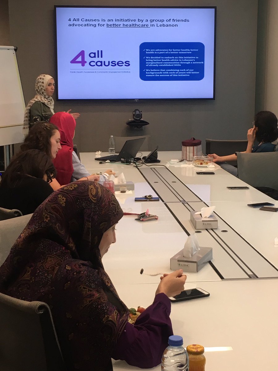 CRI_AUBMC's tweet photo. @NadiaNameh presenting on @4allcauses initiative and its upcoming #events during #CRI lunch #gathering @tamaralotfi88 #teambonding #publichealth #Awareness https://t.co/BMa5s3LogM