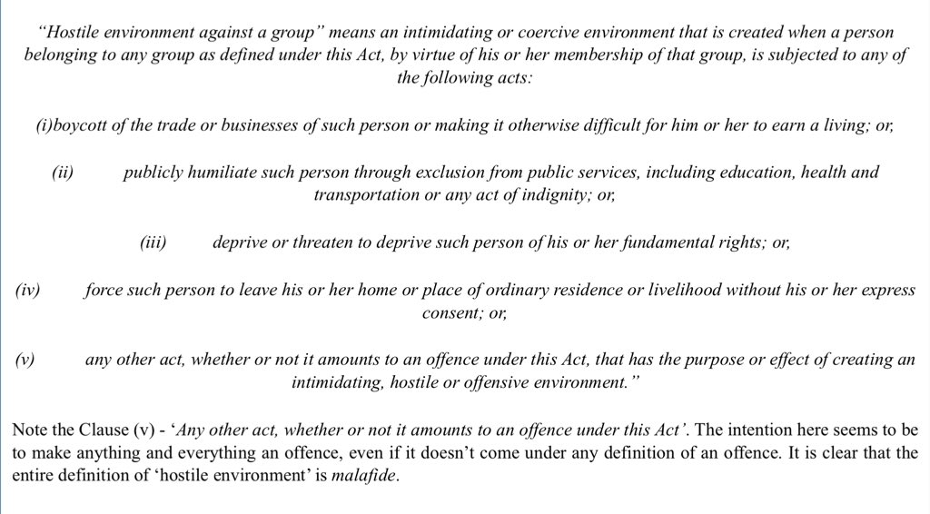 Having thus established that the individual member of the Minority community was always considered a part of that Minority group the Bill went on to add several detrimental clauses subsequently.3.Hostile environment against a group was defined as-