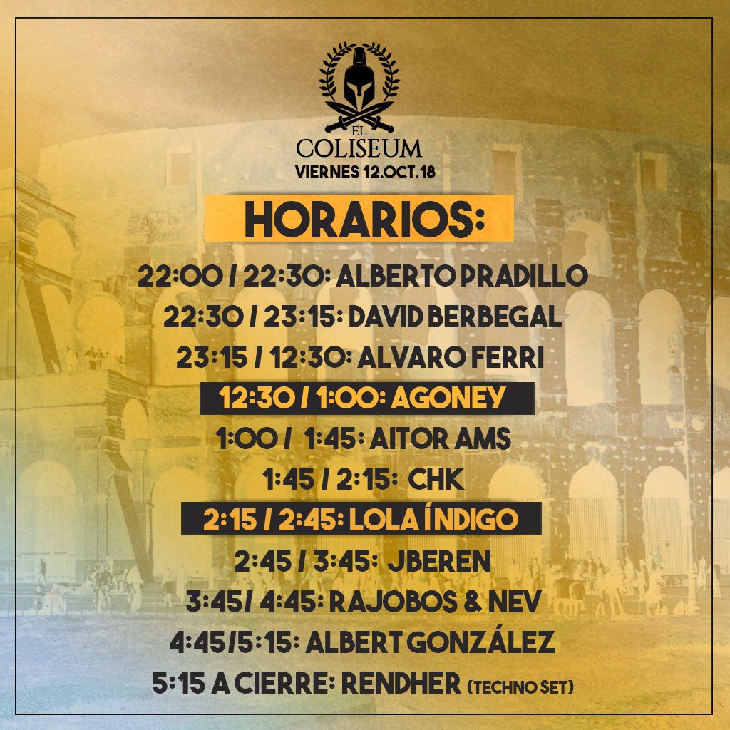 elcoliseumfest's tweet photo. Horarios oficiales.
Nos vemos el Viernes https://t.co/ihdeLEJUJo