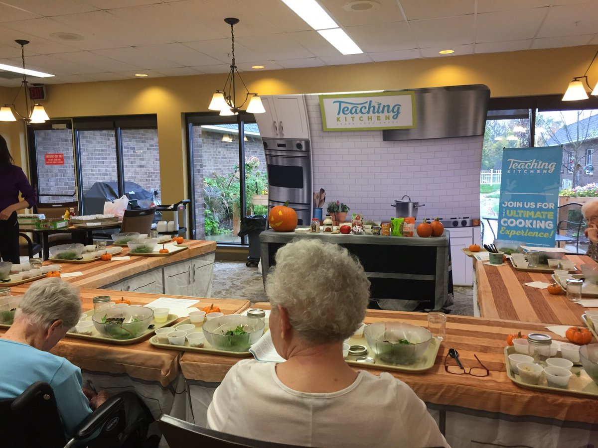BrianBrookman's tweet photo. This month’s Teaching Kitchen is all about pumpkins, featuring Libby’s canned 100% pumpkin purée. At Breton Rehabilitation and Living Center the residents made a fall salad with a pumpkin vinaigrette dressing. @MCL_AllIn @MCL_CBodanza @bethebenchmark @mcl_at @MorrisonCLiving https://t.co/9vR4RjEEip