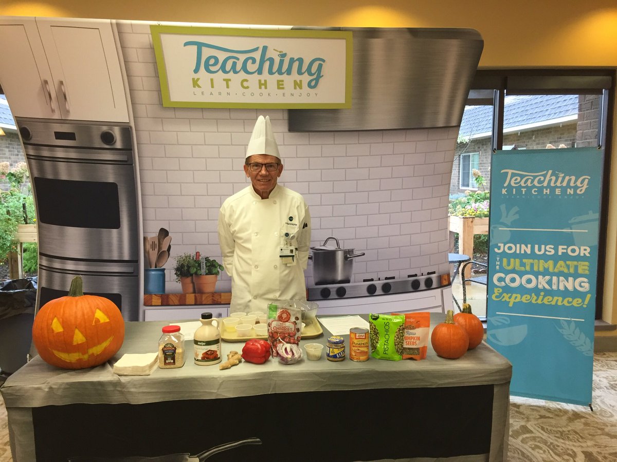 BrianBrookman's tweet photo. This month’s Teaching Kitchen is all about pumpkins, featuring Libby’s canned 100% pumpkin purée. At Breton Rehabilitation and Living Center the residents made a fall salad with a pumpkin vinaigrette dressing. @MCL_AllIn @MCL_CBodanza @bethebenchmark @mcl_at @MorrisonCLiving https://t.co/9vR4RjEEip