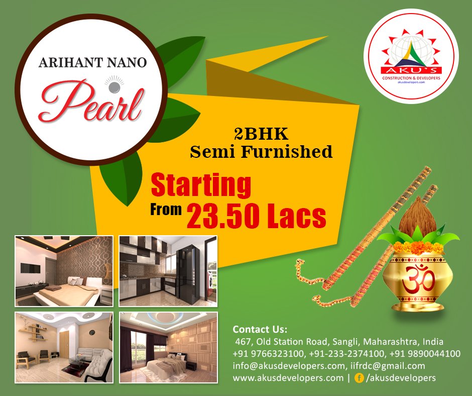 akus_developers's tweet photo. Festval Offers on premium residential flats with best amenities in your budgets. Arihant nano Project offers 1 2 &amp; 3 BHK Precious &amp; Premium Flats in Sangli 
Contact us @ +919890044100
https://t.co/wQIfTVN1eY
#BeAkusBuilder #Renovation #Offers #Keytohappiness #Propertyinsangli https://t.co/8Z0b6kCzY5