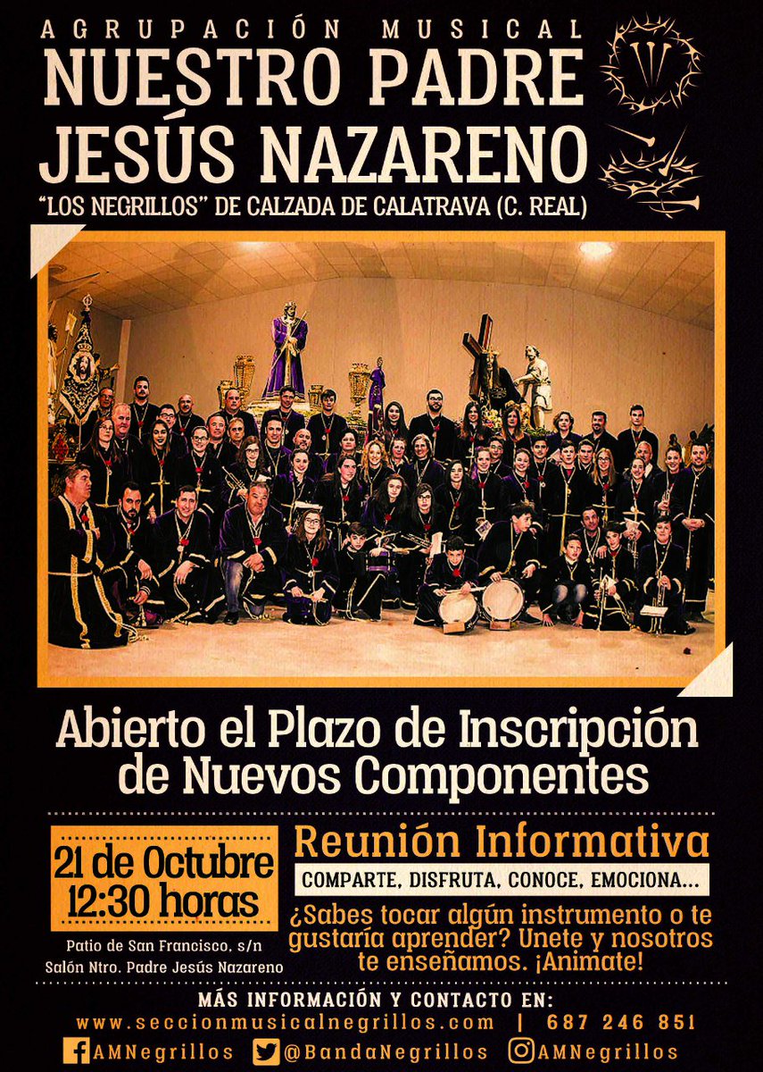 BandaNegrillos's tweet photo. Si ya sabes tocar un instrumento, o quieres aprender, te esperamos en nuestra reunión informativa. ¡ANIMATE!
!Queremos que formes parte de nuestra historia!
#amnegrillos #amjesusnazareno #calzadadecalatrava https://t.co/g5oJwzxCtV