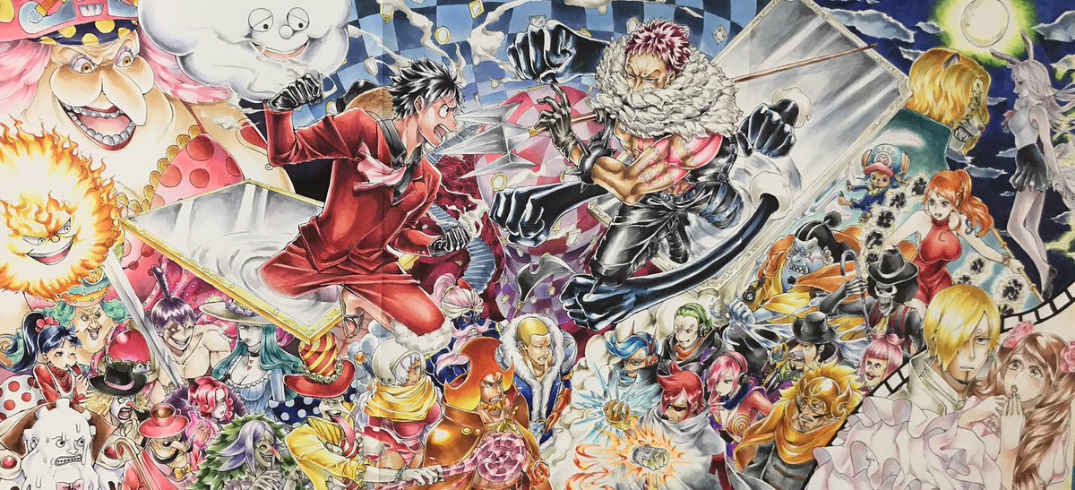 Sana Lins ようやく描けました 四つ切り画用紙3枚繋げた大きさなので5日間くらいかかりました ワンピースのホール ケーキアイランド編をテーマにしています 編集したら端が少し切れてしまいました あと画質が悪いです ワンピース コピック