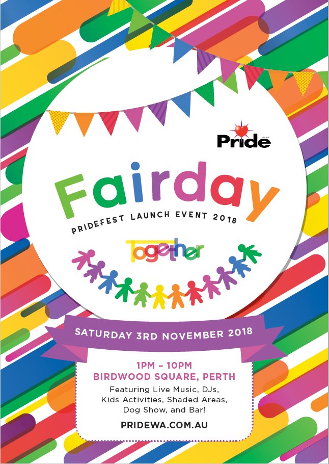 pridewa's tweet photo. Entries for the Perth Pride Fairday 2018 are open!!

Checkout the application form,
https://t.co/0M65kJuOJ3

To purchase a ticket for the 2018 Pride Fairday click here,
https://t.co/wxp2EnzPgR https://t.co/bP2NpI1PZe