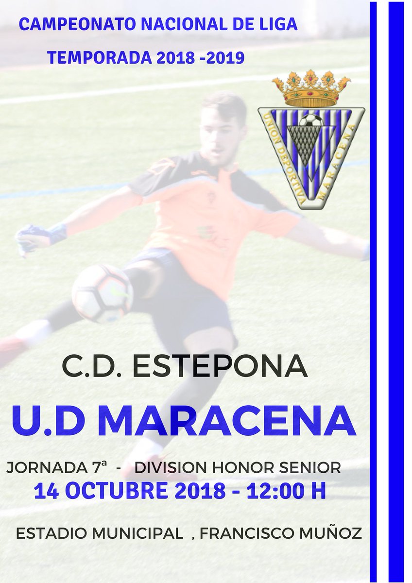 ⚽ ¡ PRÓXIMO PARTIDO DE LIGA !  ⚽   

🆚 C.D ESTEPONA  <a href="/CDEstepona/">C.D. Estepona</a>   

📅Domingo, 14/10    ⏱12:00   
🏟 Estadio Municipal  Francisco Muñoz , Estepona    

#VamosMaracena  
#DivisiónHonorSenior