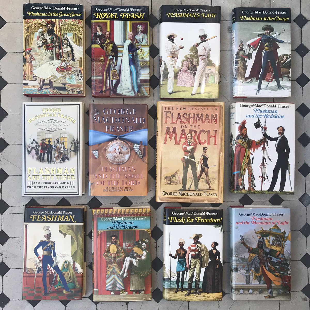 HeywoodHill's tweet photo. From our Rare Books department, a complete set of First Edition Flashmans, all in original cloth with dust wrappers. Do get in touch at rarebooks@heywoodhill.com if you’re interested to learn more. #rarebooks #firstedition #firsteditions #completeset #flashman #theflashmanpapers https://t.co/7QaDe1JKPK