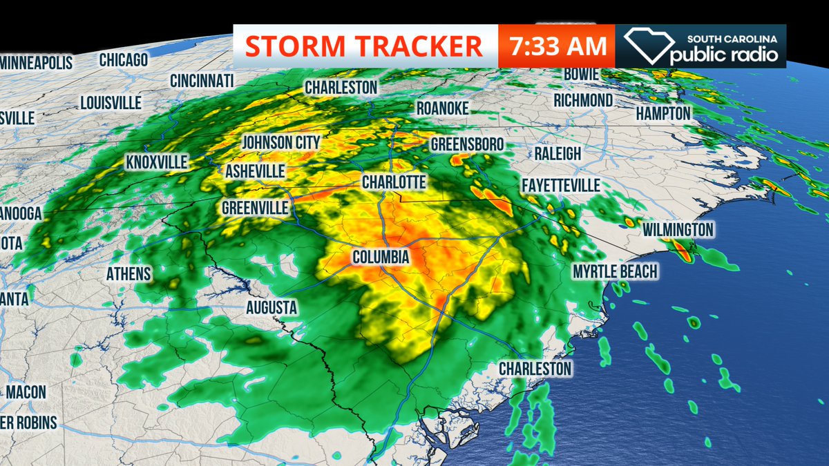 columbiascbuzz's tweet photo. Center of TS #Michael entering #SC from #Augusta GA. Heaviest of rain ahead in #Greenville and #Columbia east of center. Storm will race quickly across South Carolina and exit the state early this afternoon. Rainfall totals of 4 to 7 inches possible. #SCEIN #SCTV https://t.co/sW6lZSKXKE