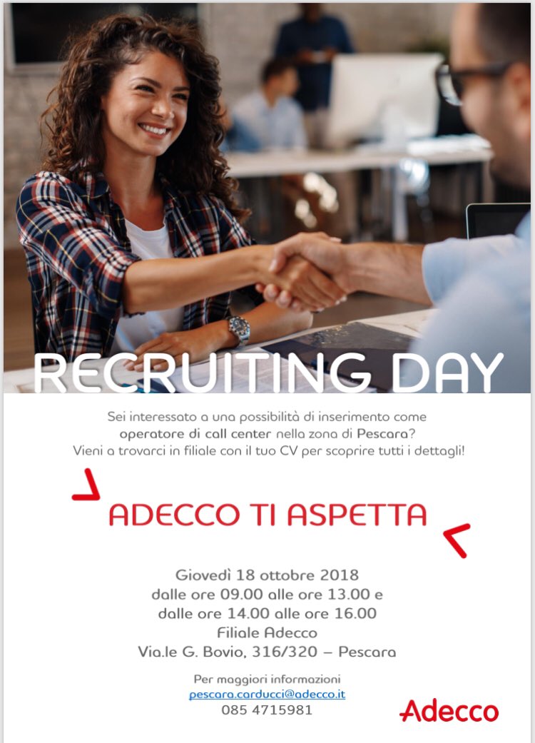 AgostinisCarla's tweet photo. Cerchi un lavoro part time in zona Pescara? Adecco Filiale di Pescara ti aspetta giovedì 18 ottobre. Vieni a scoprire i dettagli! #WSRIA https://t.co/dc3TQgOZSD