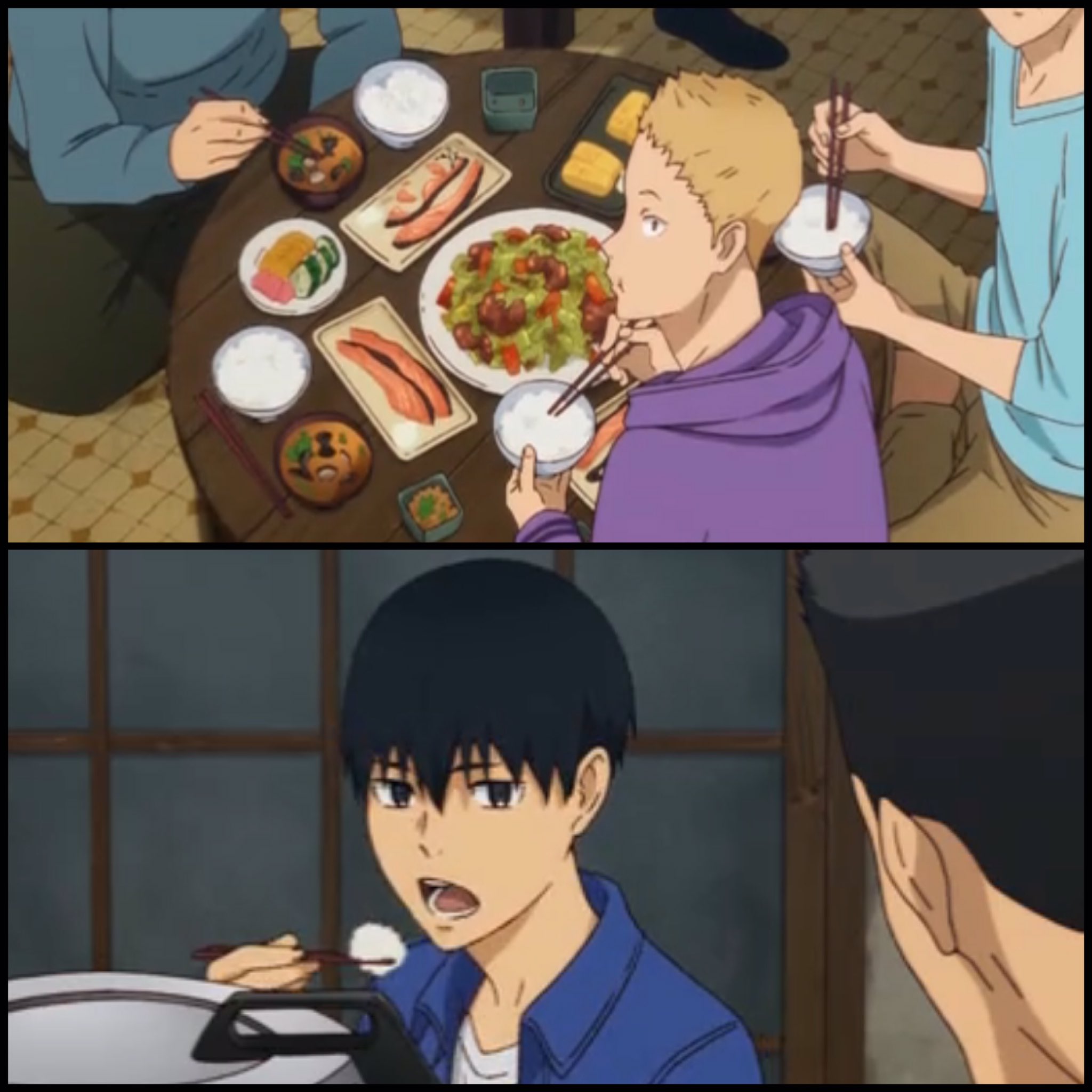 シャンプー 再現料理人 風が強く吹いている 第2話 より 寮の豪華飯 今日のおかず このひと月で一番豪勢ですよ 出来ました うひゃーおかずが沢山やぁ 走くんめっちゃタイプ 男の子のアニメキャラはこう言うタイプに惚れる 風が強く