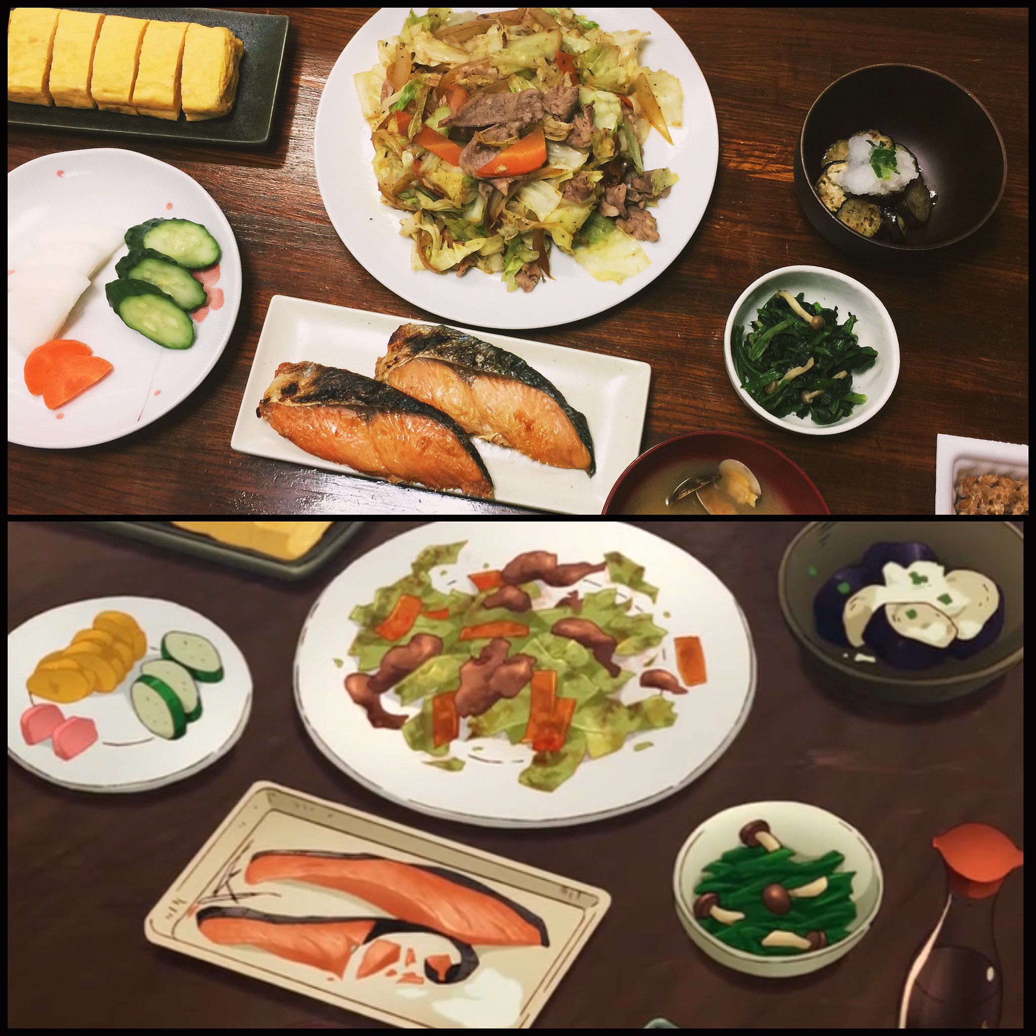 シャンプー 再現料理人 風が強く吹いている 第2話 より 寮の豪華飯 今日のおかず このひと月で一番豪勢ですよ 出来ました うひゃーおかずが沢山やぁ 走くんめっちゃタイプ 男の子のアニメキャラはこう言うタイプに惚れる 風が強く