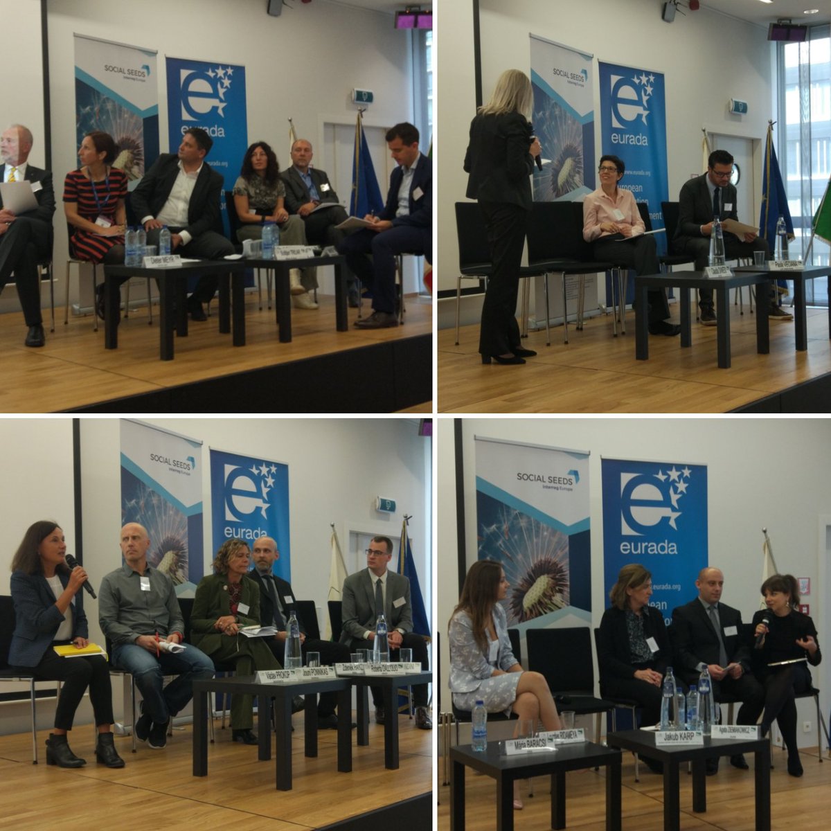 RERBruxelles's tweet photo. At #cohesion4socent 4 round tables to discuss, exchange and transfer knowledge on #SocEnt and #SocInn. Our speakers sharing their experiences on ecosystem, financing #SocInn, access to market and internationalisation, skills. #EURegionsWeek https://t.co/pE2vixenW1