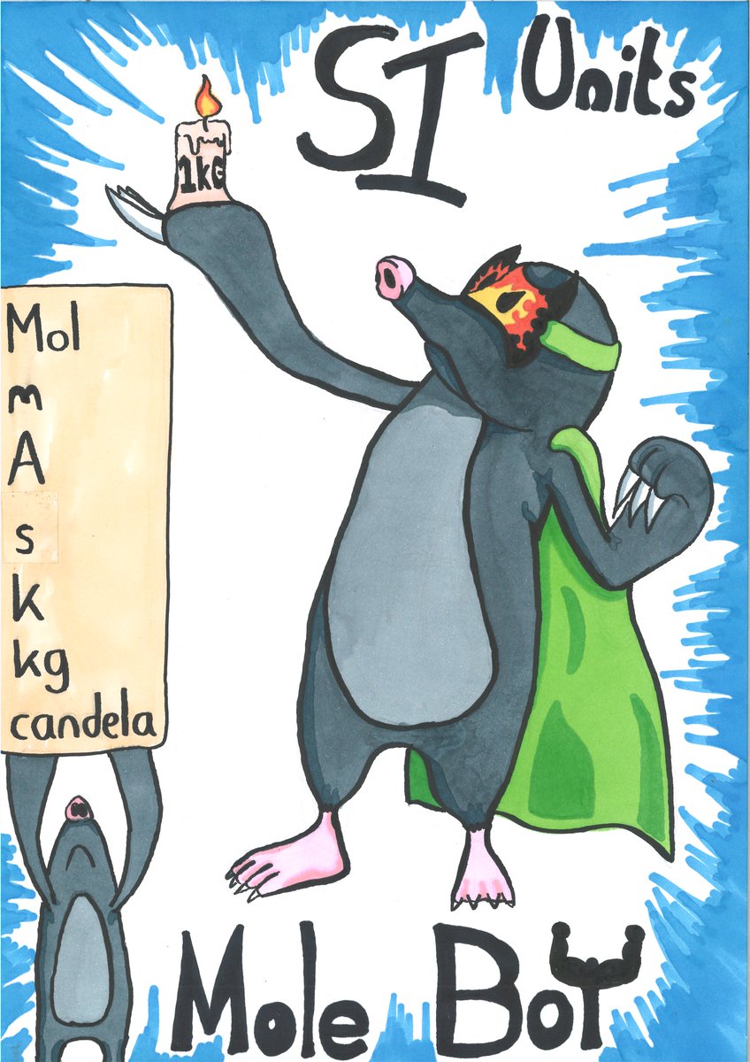 EatonBank's tweet image. We have some very creative A-Level Physics students!  Their task - design an aide-memoire for the base units of physics...

mol (mole of gas)
m - metre
A - Ampere
s - second
K - Kelvin (absolute temperature)
kg - mass
Cd - Candela (light level)