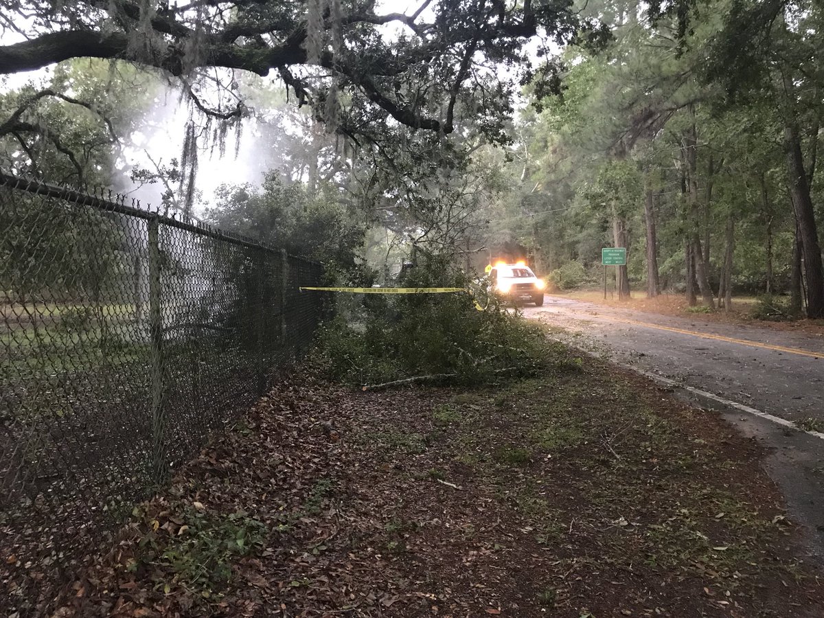 MichalHigdon's tweet photo. A tree has fallen on a fire hydrant and water is still shooting from it. I’d say it’s going about 20-30 feet in the air. 
This is on Chisolm Road near Main Road on Johns Island. 
@Live5News #HurricaneMichael https://t.co/O6YPKQYd9w