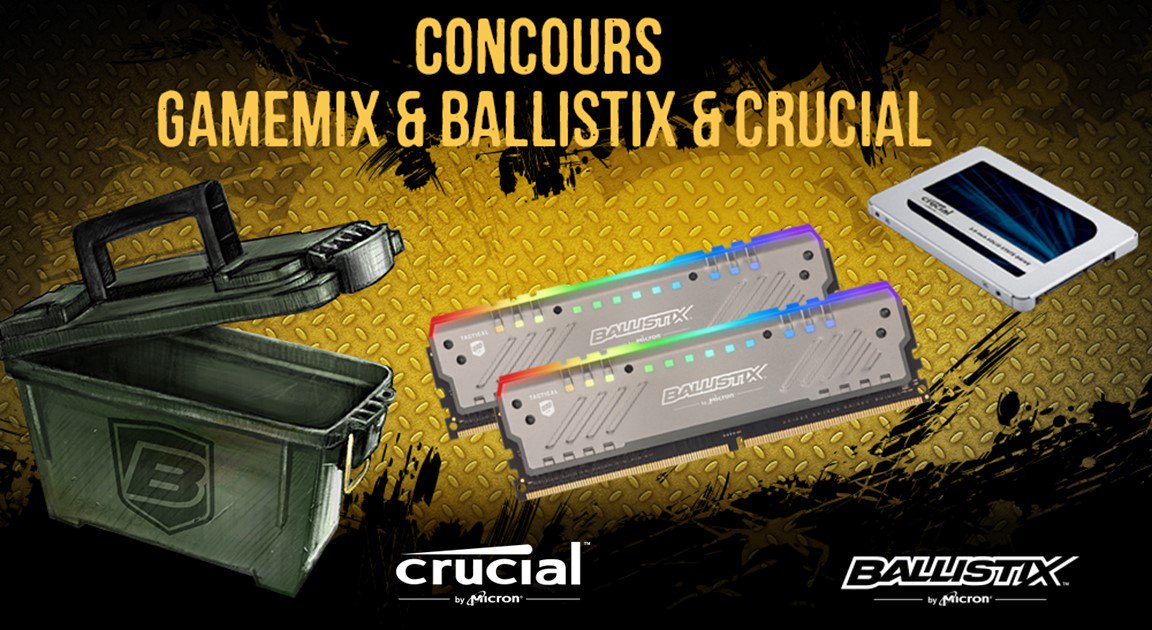 GameMixTreize's tweet photo. [#CONCOURS] Tentez de gagner un SSD MX500 1To Crucial et un kit de 16Go de RAM Ballistix Tracer RGB DDR4 ! 🎁

Pour participer :
- Suivre @CrucialFrance @ballistixFR et @GameMixTreize 
- #RT

TAS :  21/10/2018 https://t.co/YSqFHsNmw7