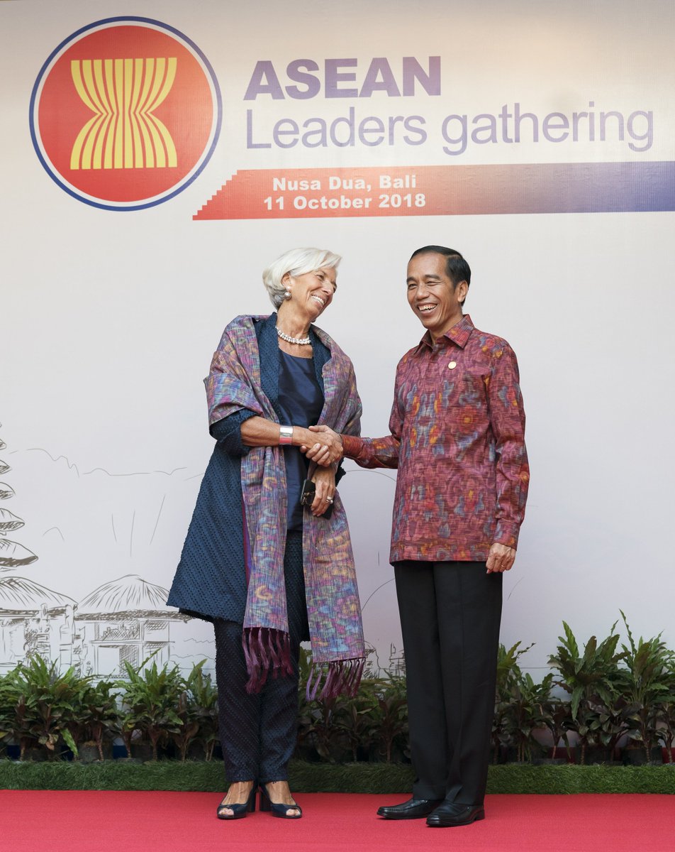 stephenjaffe's tweet photo. IMF Managing Director Christine @Lagarde (L) is greeted by Indonesia President Joko Widodo (R)  at the Bali Sofitel prior to an ASEAN dinner during the IMF/World Bank Annual Meetings October 11, 2018 in Bali, Indonesia. IMF Staff Photo/Stephen Jaffe https://t.co/LobBfW3ves