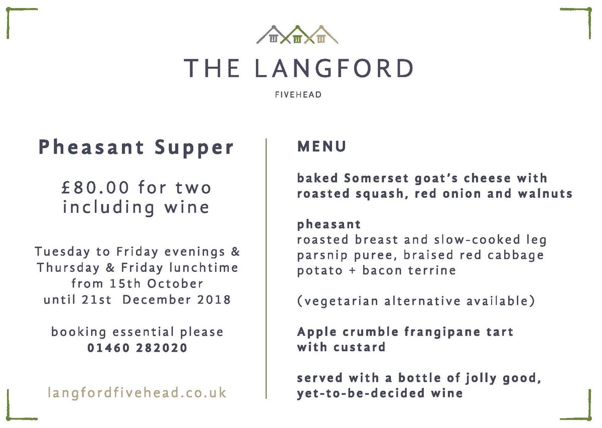 langford5head's tweet photo. Pheasant supper is back!
Book direct or online...01460 282020 https://t.co/5AUovgZ9Xu