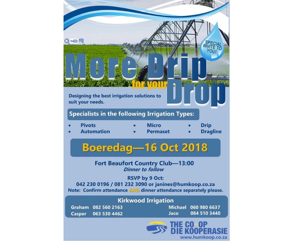 ZimmaticAfrica's tweet photo. On the 16th of October, we will be in Fort Beaufort with Humansdorp Co-op. Presentations and a dinner with local farmers will be happening at the country club. #Boeredag #FortBeaufort #irrigation https://t.co/ZYlaSlaHm0