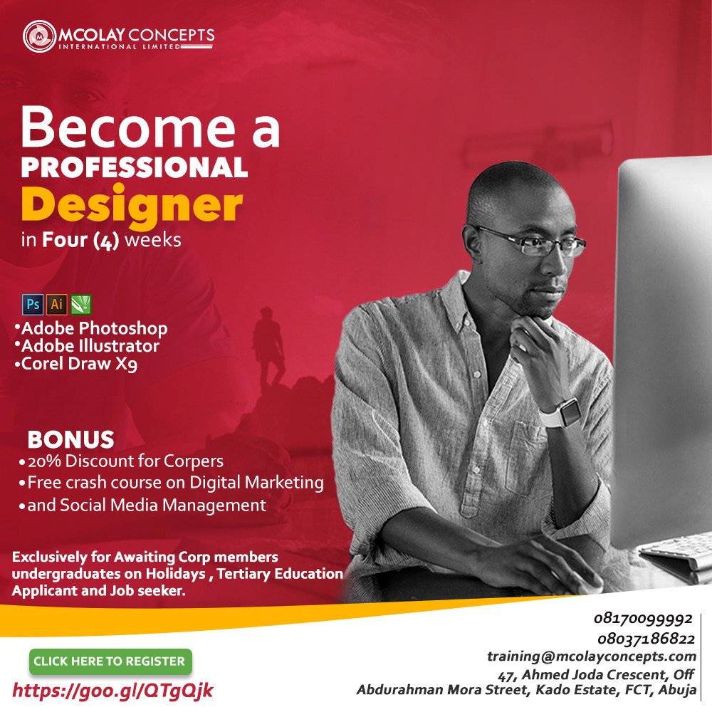 McOlayMedia's tweet photo. McOlay Concepts International Limited, a renowned I.T and Media Firm is organizing a Four weeks Training for you. Here, you can learn how to be a master in Web Design, Graphics and Illustration.

Follow the link to register;
https://t.co/v0TkcpbM7a
 
08170099992, 08037186822 https://t.co/xMxNXI0EjG