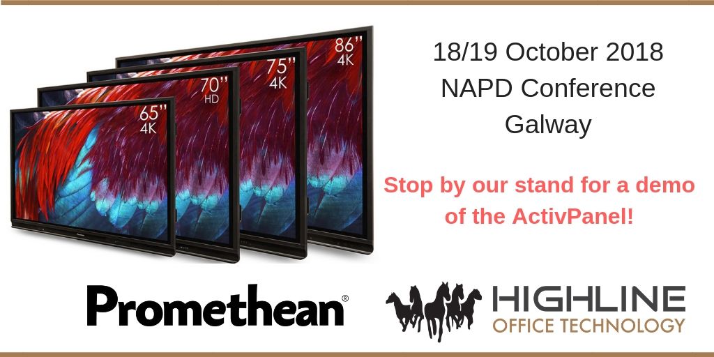 Highline_ie's tweet photo. If you are interested in the #Promethean ActivPanel for your classroom, come by the Highline Office Technology stand for a demo.  We'll give you a full overview of ActivInspire and Classflow. See you on 18/19 October in Galway for #NAPDConf #ServiceExcellence https://t.co/MEzzyaZXBi