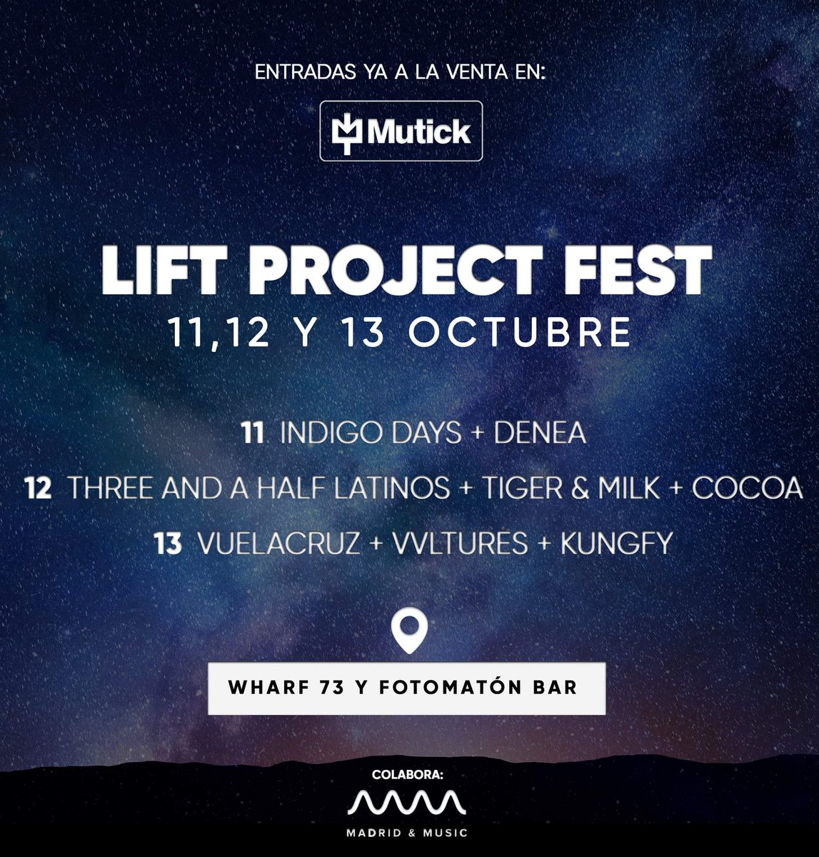 "Apuesta por la escena emergente y la cultura de los conciertos en salas"
PUENTE FESTIVALERO 🎶 #LiftProjectFest #Madrid
📌@fotomatonBar y  <a href="/wharf73madrid/">WHARF73</a>

J11 <a href="/DeneaBand/">Denea</a> <a href="/Indigodaysband/">Indigo Days</a>
V12  #ThreeAndHalfLatinos
<a href="/TigerandMilk/">Tiger and Milk</a> <a href="/cocoa_oficial/">COCOA</a>
S13 <a href="/somosVUELACRUZ/">VUELACRUZ</a> <a href="/VVultures/">Volatility Vultures</a> #Kungfy