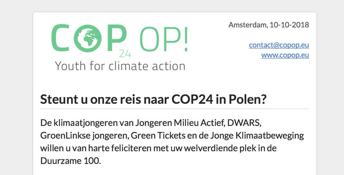 DWARS's tweet photo. Namens @DWARS, @JMA, @JKBonline en @Greenticketsapp: @LEMVet  gefeliciteerd met uw plek in de Duurzame 100! Nu we het toch over duurzaamheid hebben, kunnen we op uw support rekenen voor onze reis naar de klimaattop in Polen? Lees onze open brief hier 👉 https://t.co/bgbvWXLwu6 https://t.co/CzWvsHc5up