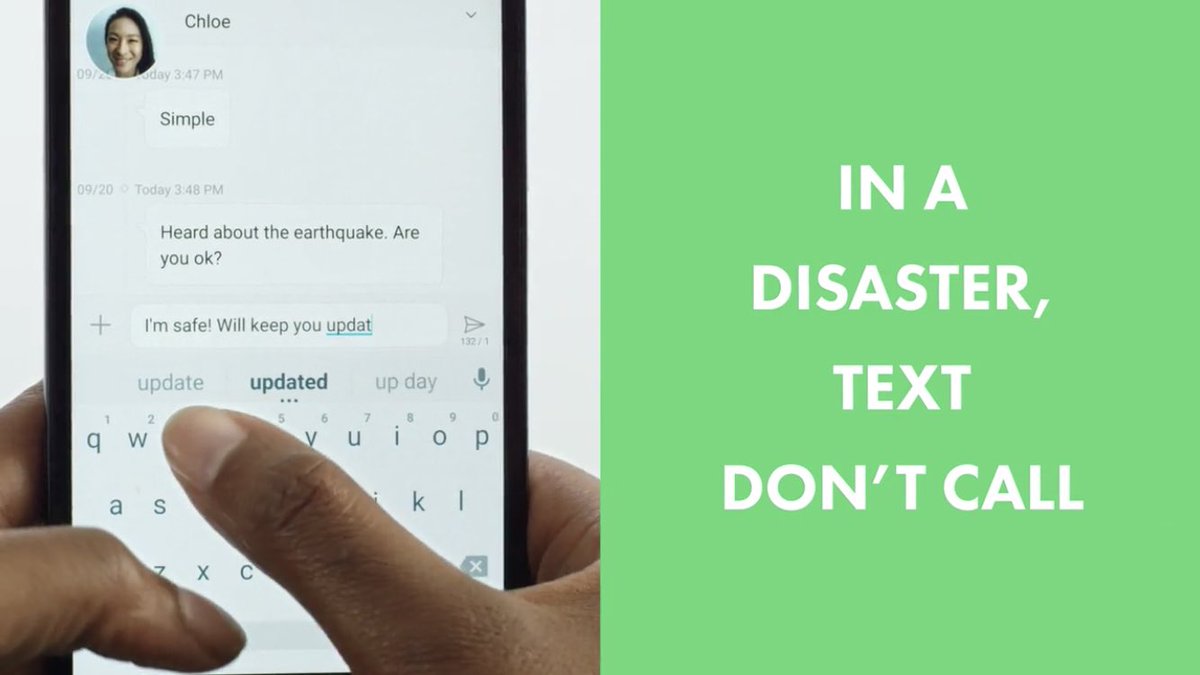Photo of hand holding phone texting “I’m safe. Will keep you updated. Text beside photo reads: in a disaster text, don’t call.