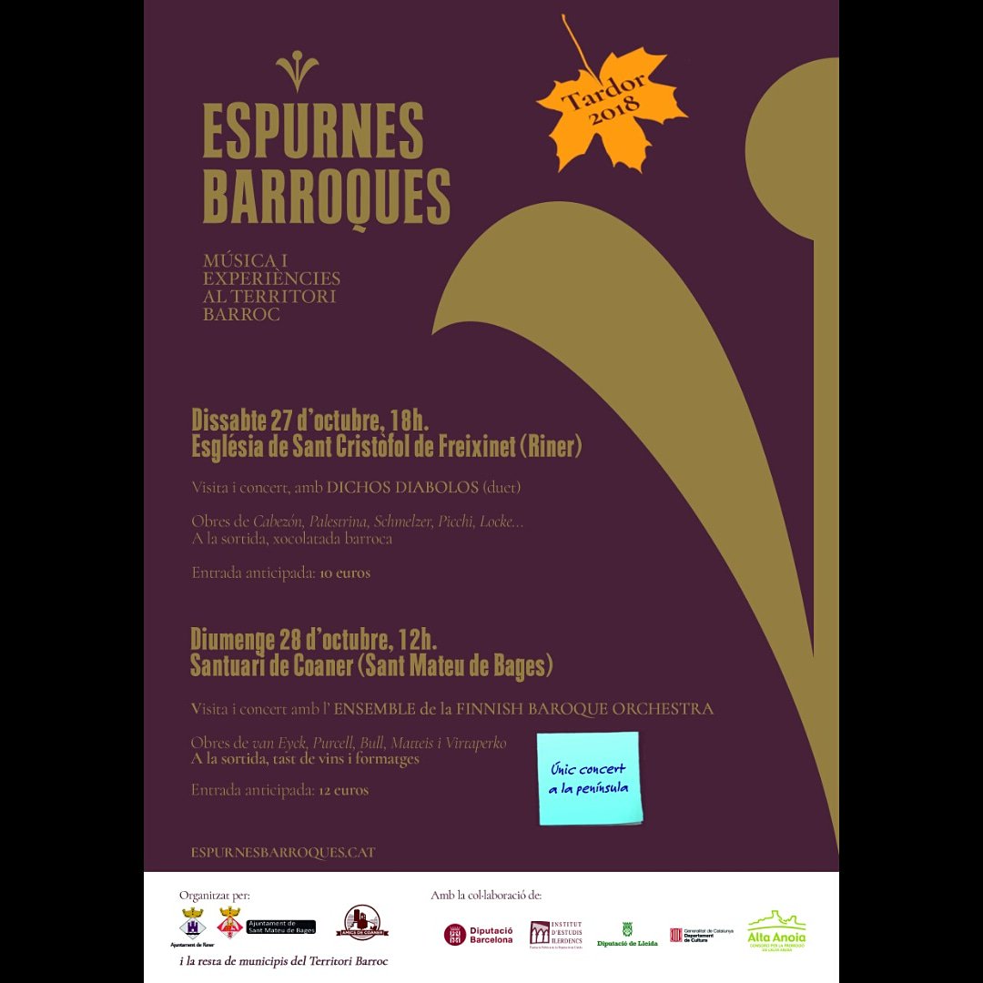 larutadelbarroc's tweet photo. Arriben les espurnes de tardor!! El 27 i 28 d'octubre, Freixinet (Riner) i Coaner (Sant Mateu de Bages) ens portaran música barroca de primer nivell!  No t'ho perdis!

#espurnesbarroques #territoribarroc #Freixinet #Riner #coaner #santmateudebages #musicabarroca #barroc https://t.co/VYM3wwHohP