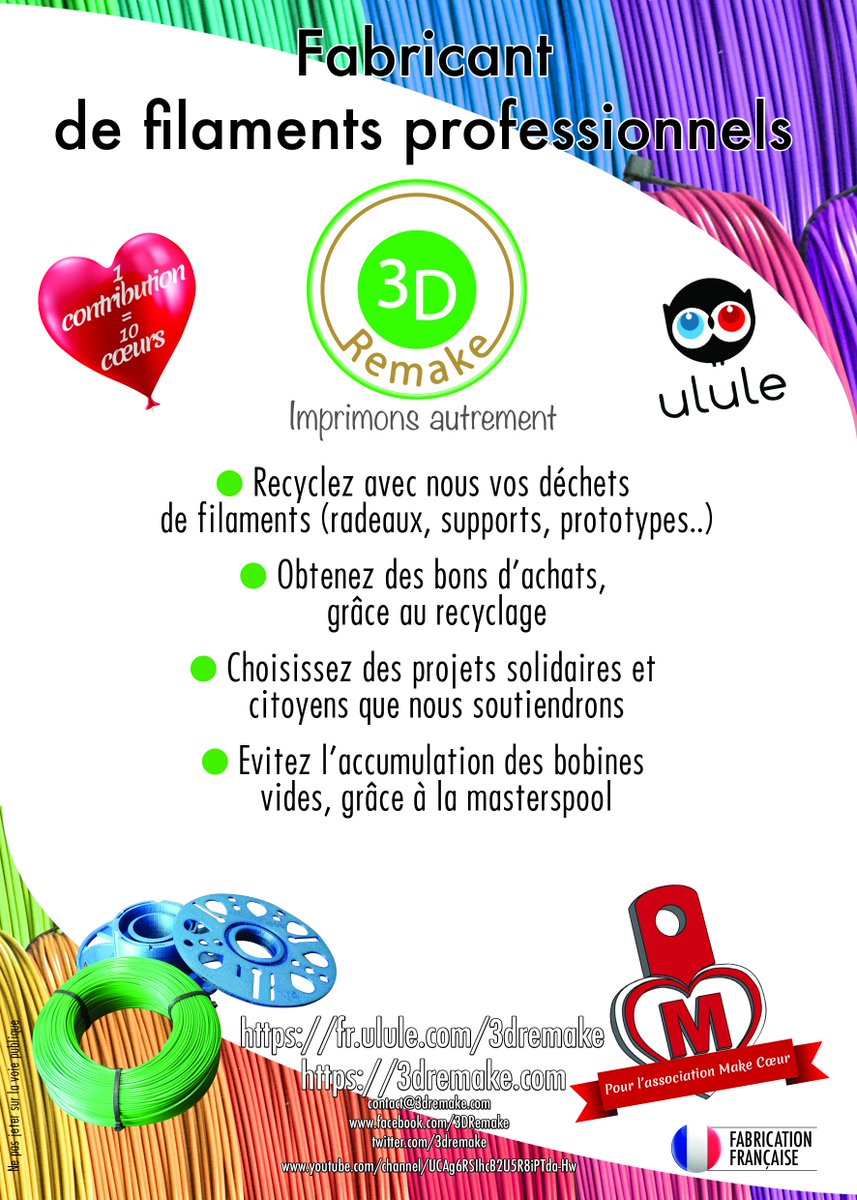 3DRemake's tweet photo. Salut les makers, bientôt la #MakerFaireParis . N'hésitez pas à soutenir notre projet de fabrication de filament professionnel éco-responsable. #maker #YouTube #3dprint #impression3d #filament #PLA #makerfaire https://t.co/0SFuF84lQ0