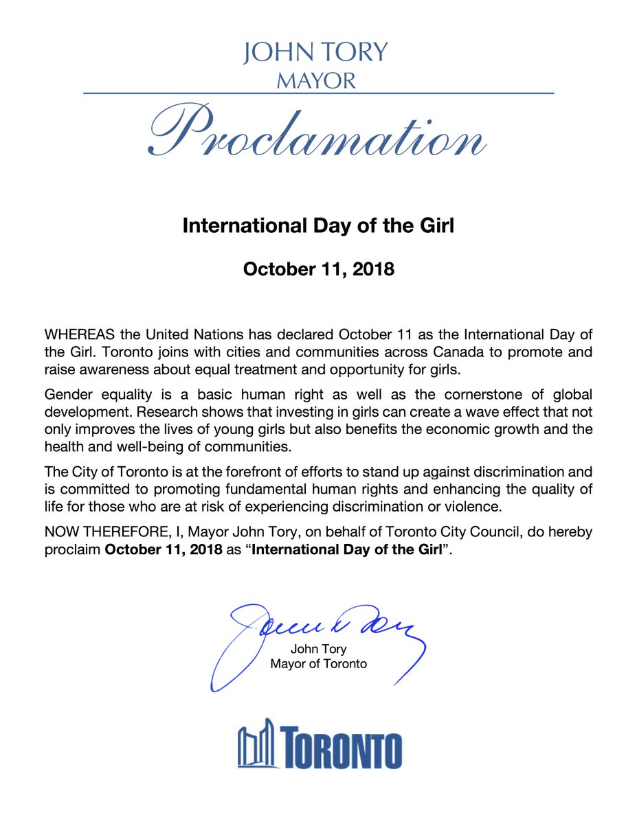 TorontosMayor's tweet image. Proud to proclaim today as International Day of the Girl in the City of Toronto. Toronto joins with cities and communities across Canada to promote and raise awareness about equal treatment and opportunity for girls. #DayOfTheGirl