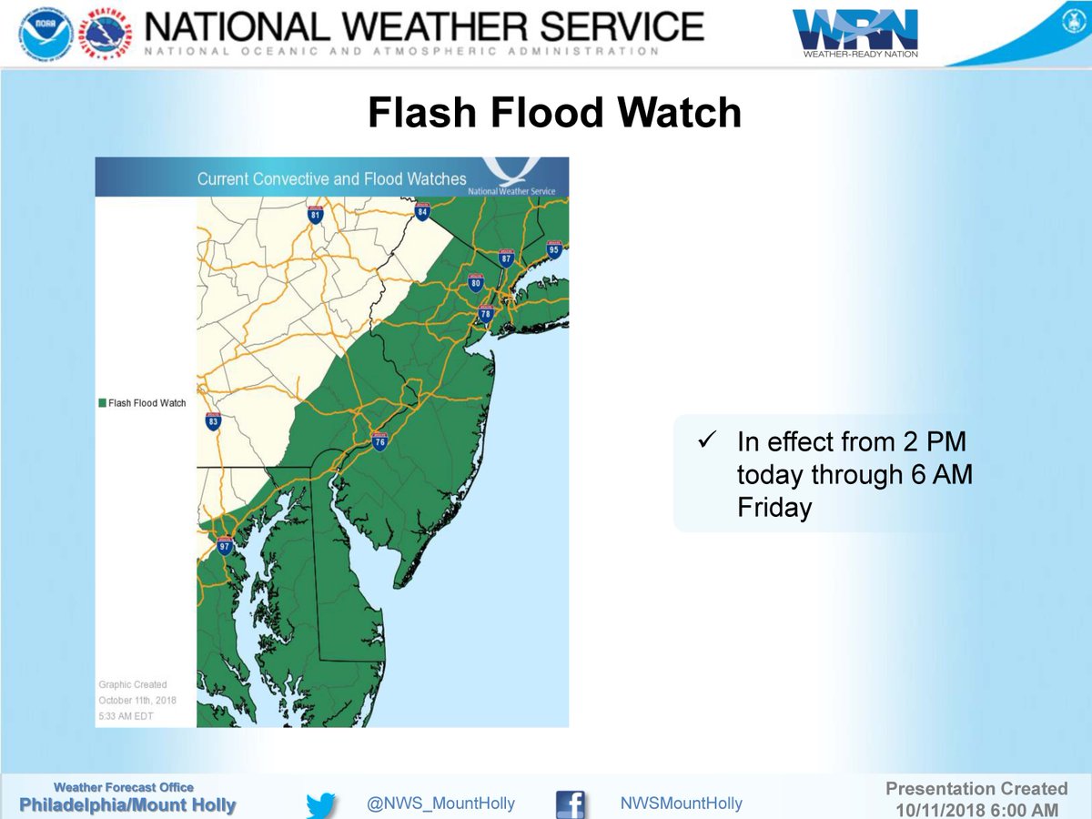 NeptuneOEM's tweet photo. #FlashFloodWatch in effect for most of NJ including Monmouth County as #Michael passes to our south. Rain begins this morning into the early morning hours on Friday. Rain will be heavy at times and may cause flooding conditions. Remember, #TurnAroundDontDrown!

#NeptuneWeather https://t.co/dqW31TIWvg